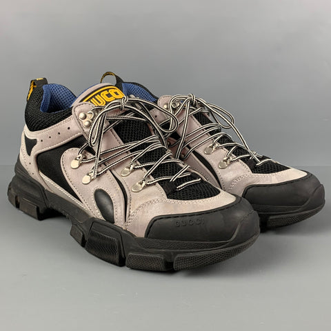 GUCCI Size 11 Black Grey Mixed Materials Lace Up Flashtrek Sneakers
