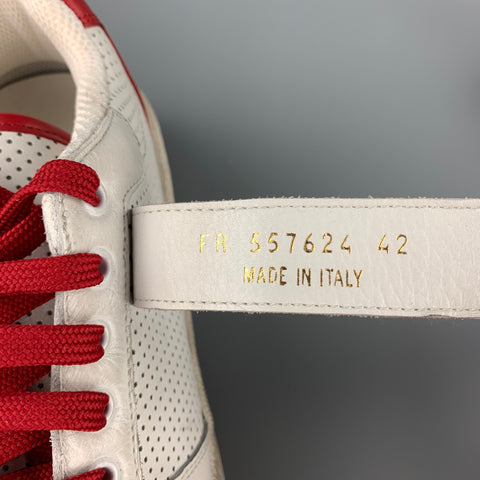 SAINT LAURENT Size 9 White & Red Perforated Leather Low Top Sneakers
