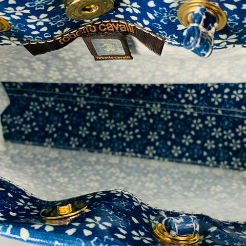 ROBERTO CAVALLI Blue White Floral Tote Handbag