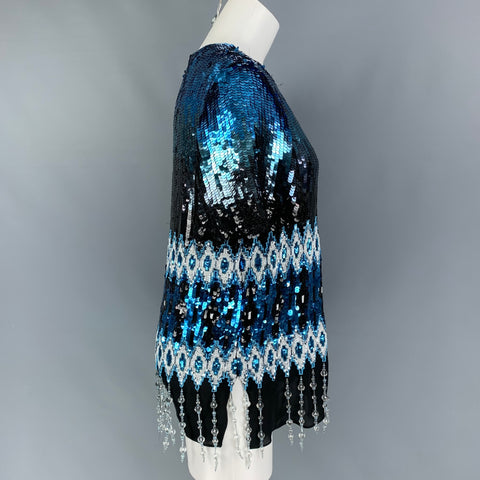 PRABAL GURUNG Size XS Blue Black Embroidered Silk Sequined Short Sleeve Dress Top