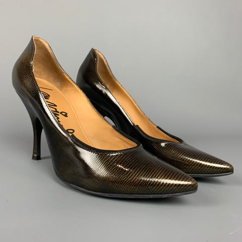 LANVIN para H&amp;M Zapatos de tacón de charol texturizado en bronce y negro talla 8
