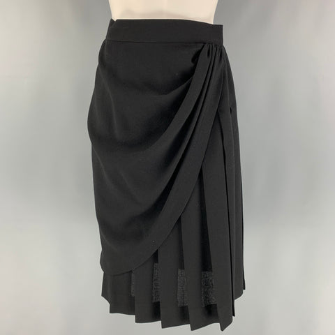 YVES SAINT LAURENT Rive Gauche Size 6 Black Wool Pleated Wrap Below Knee Skirt