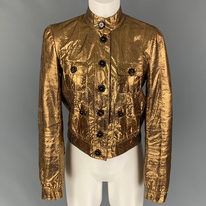 MULBERRY Size 6 Gold Leather Metallic Snake Skin Buttoned Jacket
