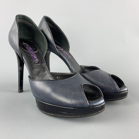 RALPH LAUREN Talla 7 Zapatos de tacón peep toe de cuero azul marino y negro