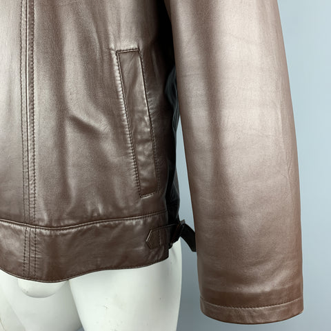 SCHIATTI & CO. Size L Brown Leather Beaver Lining Detachable Fur Collar Asymmetrical Jacket