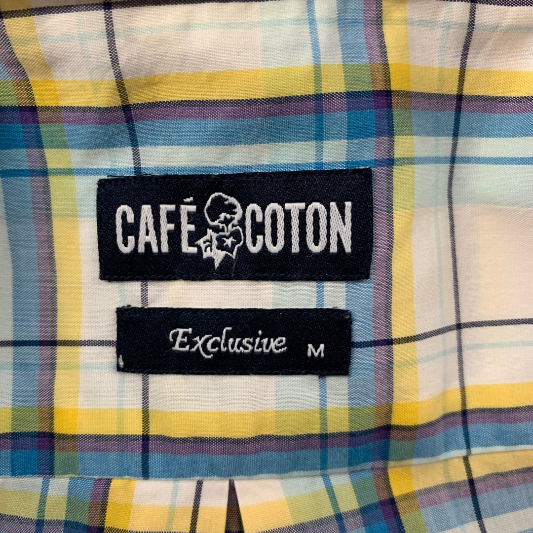 CAFE COTON Size M White Blue Yellow Plaid Cotton Short Sleeve Shirt