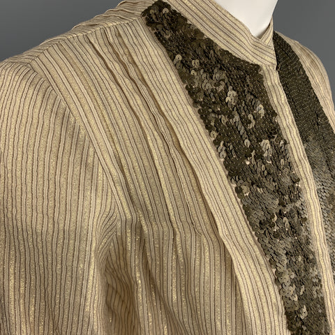 3.1 PHILLIP LIM Size 4 Gold Metallic Striped Sequin Bib Blouse