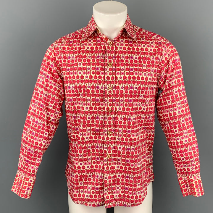 ROBERT GRAHAM Talla S Camisa de manga larga con botones de algodón floral rojo y blanco
