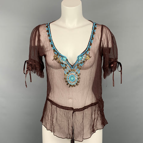 ZOE Taille S Blouse en viscose en mousseline de soie turquoise perlée marron