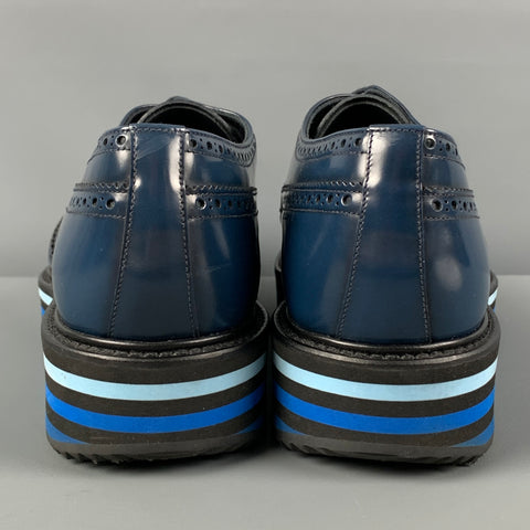 PRADA Size 10 Blue Black Perforated Leather Platform Lace Up Shoes