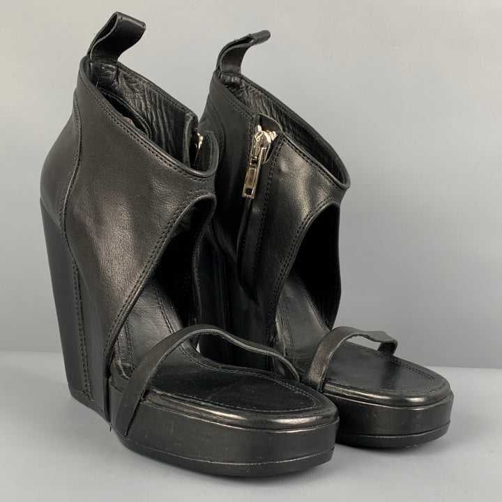 RICK OWENS Size 10 Black Leather Open Toe Wedge Boots