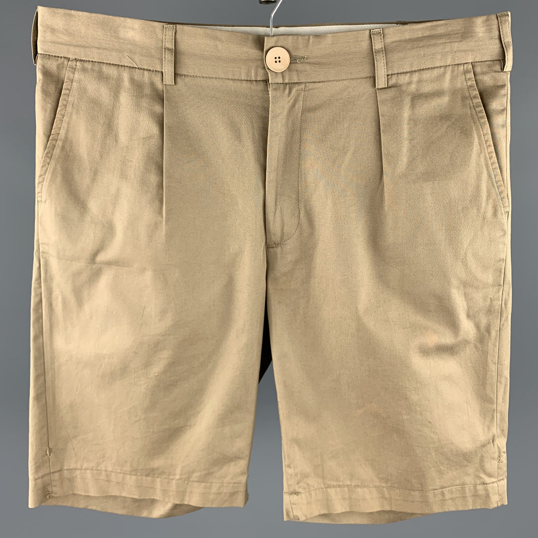 OLIVER SPENCER Taille 34 Short plissé en coton kaki avec braguette zippée