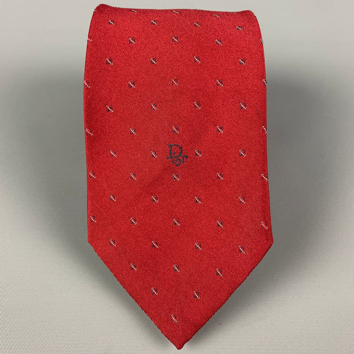 Vintage CHRISTIAN DIOR Red White Polyester Silk Tie
