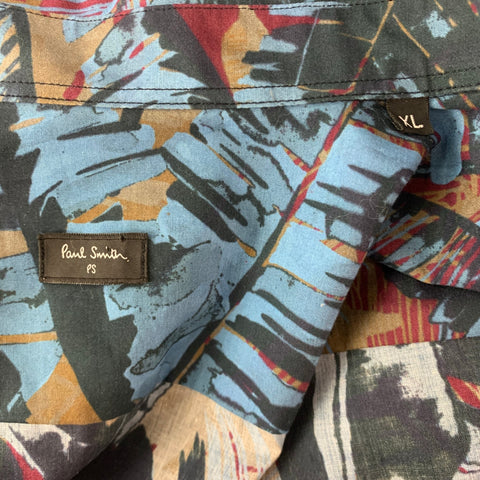 PS by PAUL SMITH Size XL Blue Multi-Color Print Cotton Short Sleeve Shirt
