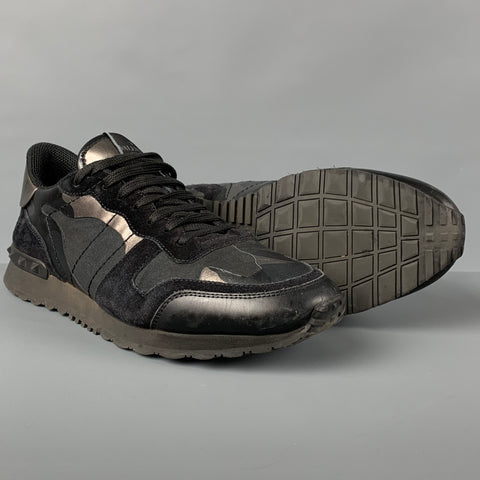 VALENTINO Taille 10 Baskets Rockrunner en cuir camouflage noir argenté
