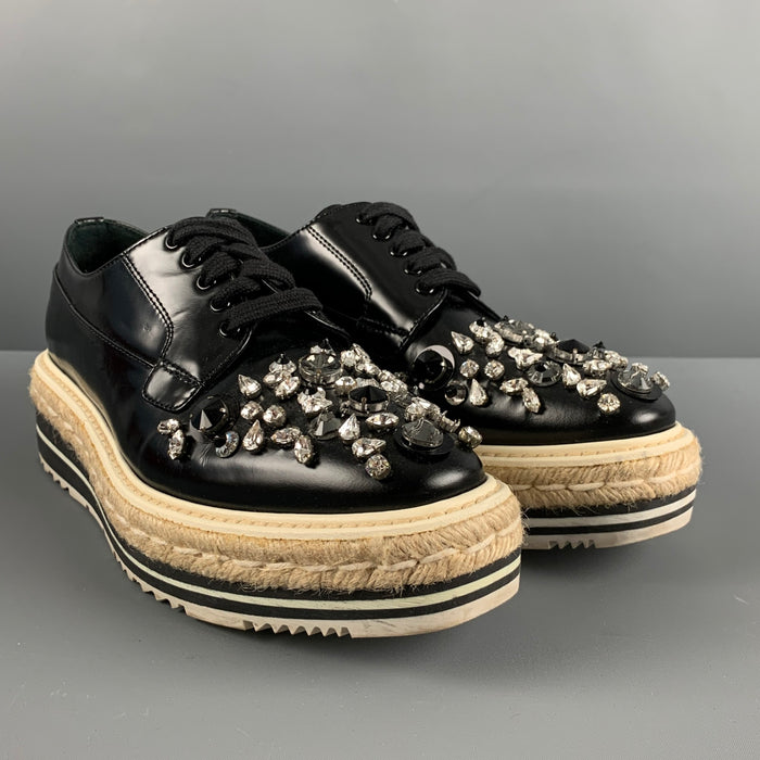 PRADA Size 7.5 Black Leather Applique Platform Laces