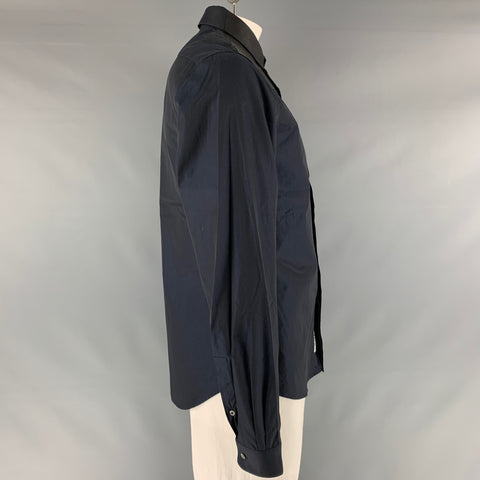 VALENTINO Size L Navy Black Solid Cotton Hidden Placket Long Sleeve Shirt