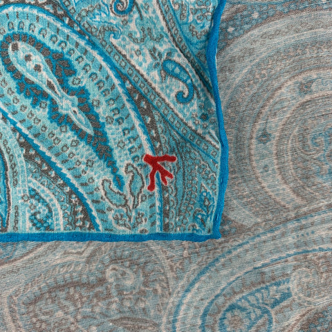 ISAIA Turquoise Taupe Paisley Cotton Silk Pocket Square