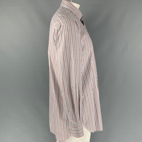 KITON Size XL White & Navy Orange Stripe Cotton Button Down Long Sleeve Shirt