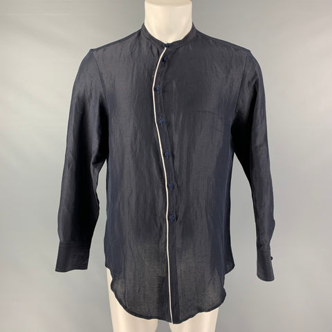 GIORGIO ARMANI Size M Black &  White Solid Linen and Silk Long Sleeve Shirt