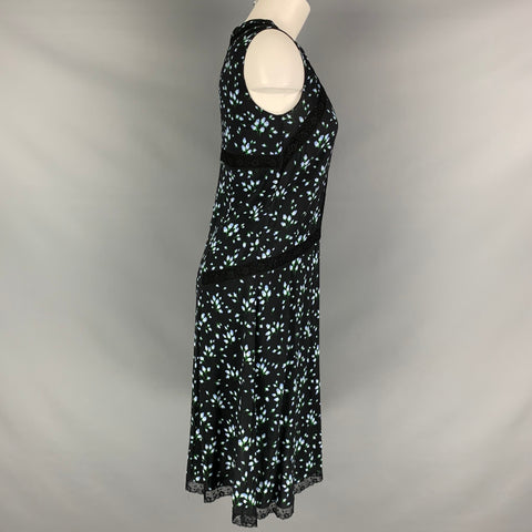 PRADA Size 8 Black Blue & Green Viscose Elastane Floral Sleeveless Dress