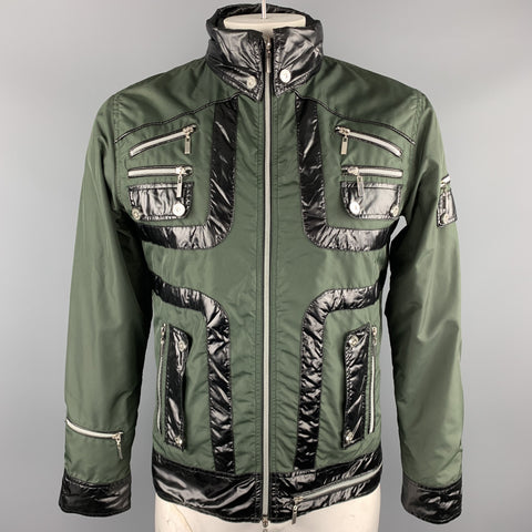 POLBOT Size L Olive & Black Solid Nylon Zip & Snaps Jacket