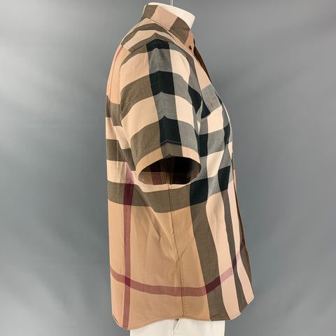 BURBERRY BRIT Size L Beige &  Black Plaid Cotton Button Down Short Sleeve Shirt