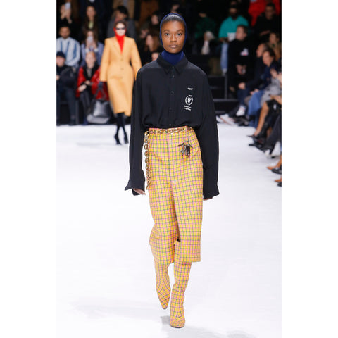 BALENCIAGA FW 2018 Size 4 Yellow & Pink Check Print Wool / Viscose High Waisted Midi Skirt