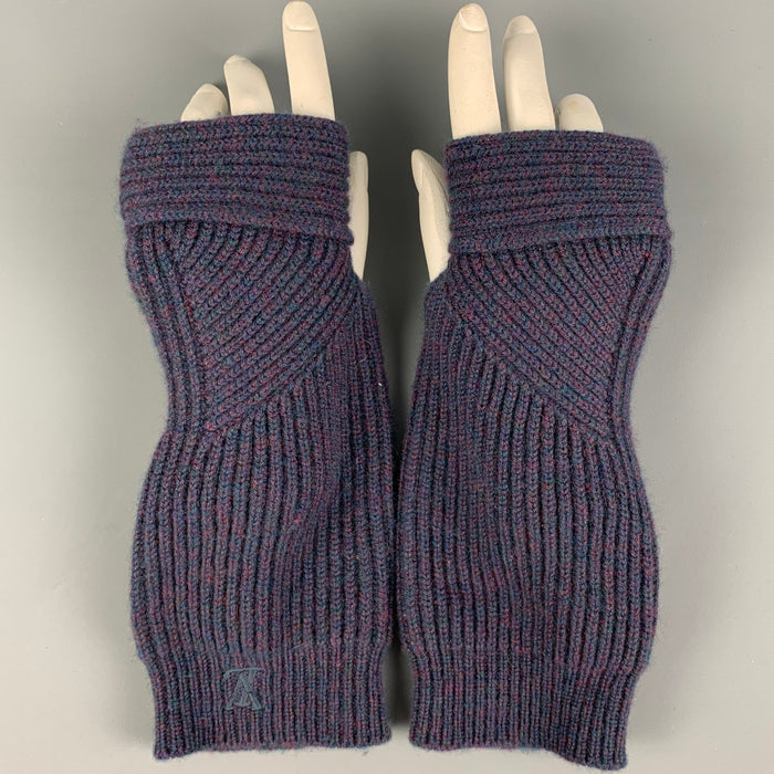 LOUIS VUITTON Navy Burgundy Ribbed Knit Cashmere Gloves