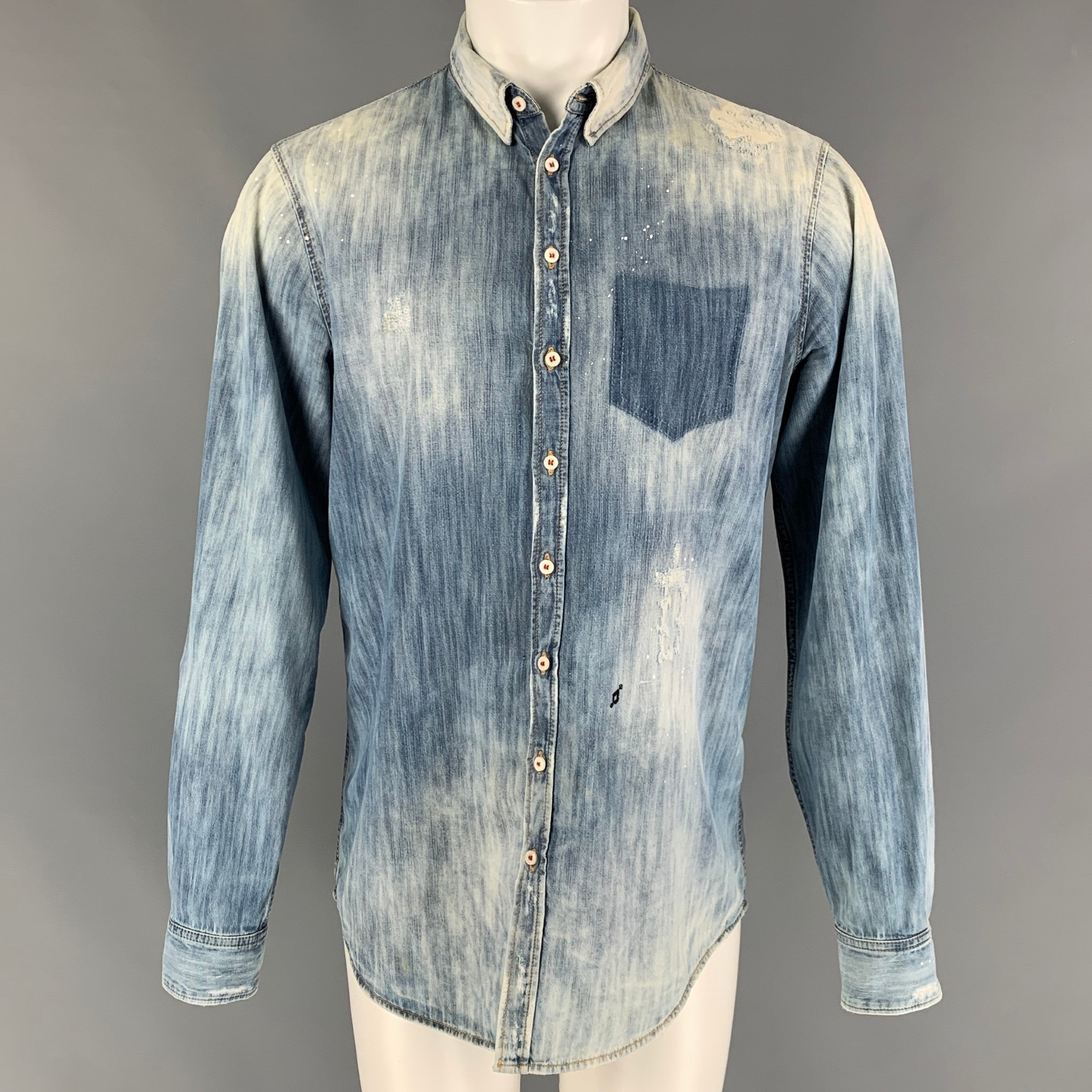 DSQUARED2 Size M Blue Distressed Cotton Denim Long Sleeve Shirt