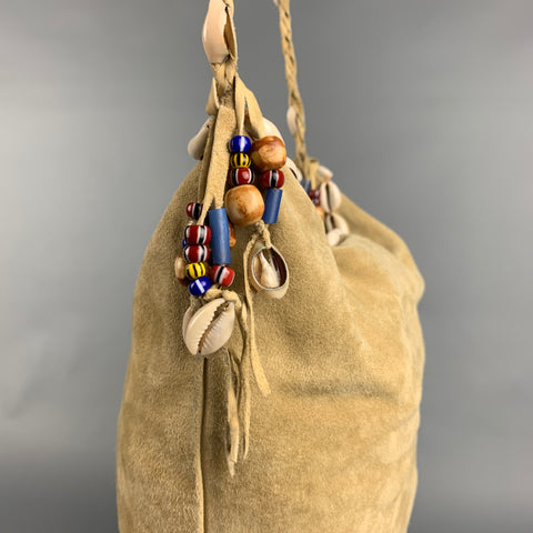 VINTAGE Beige Beaded Suede Embellished Shelp Shoulder Bag