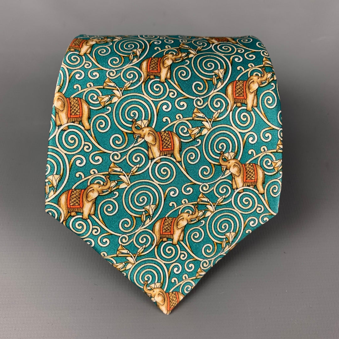 LANVIN Mint Gold Elephant Print Silk Tie