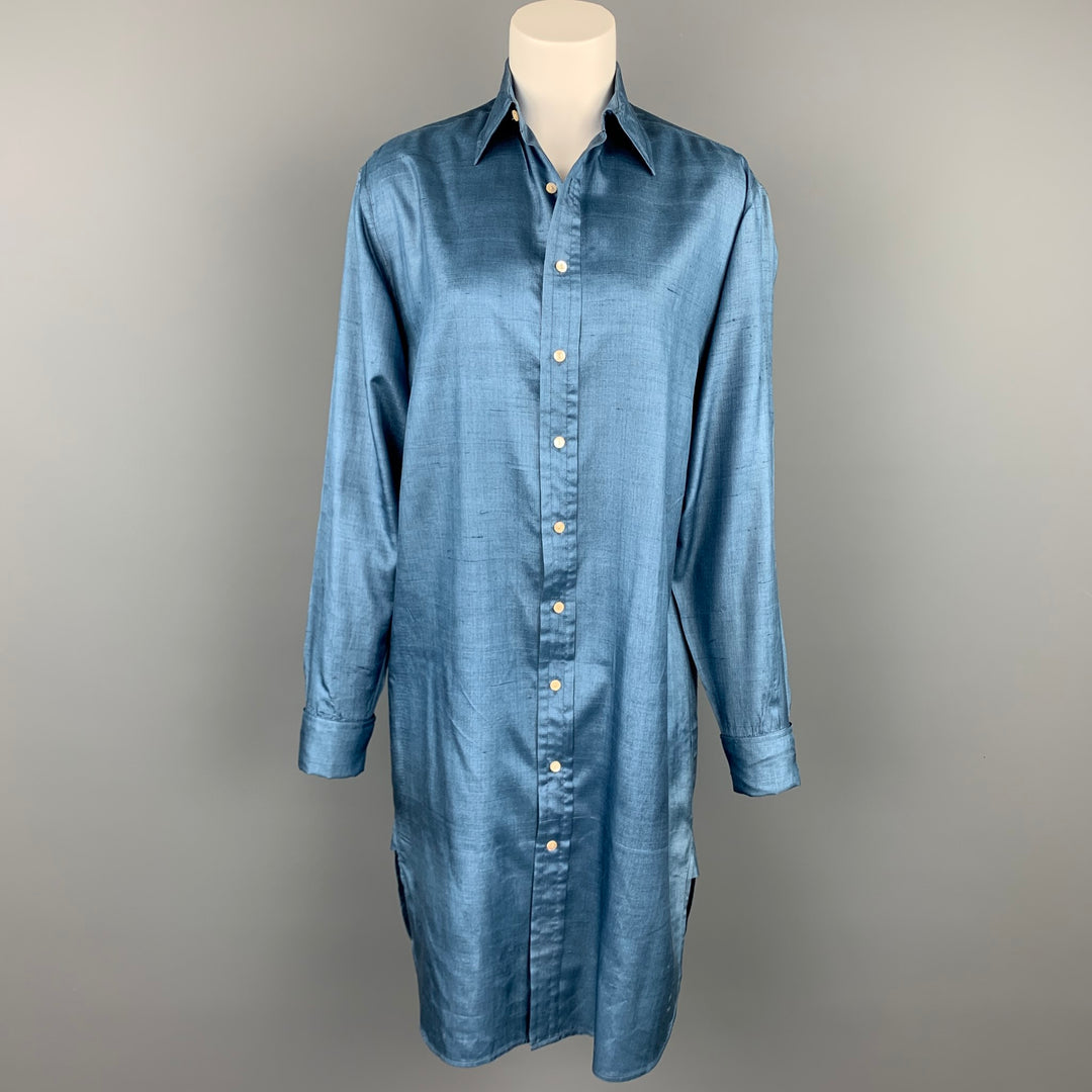 RALPH LAUREN Blue Label Size 8 Blue Silk Buttoned Shirt Dress
