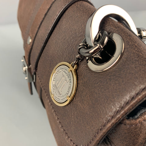 LANVIN Brown Leather Shoulder Bag Canvas Handbag