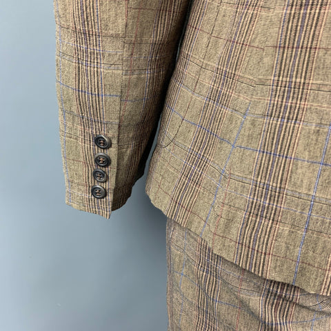 PODOLL Size M Brown Plaid Cotton Blend Peak Lapel Suit