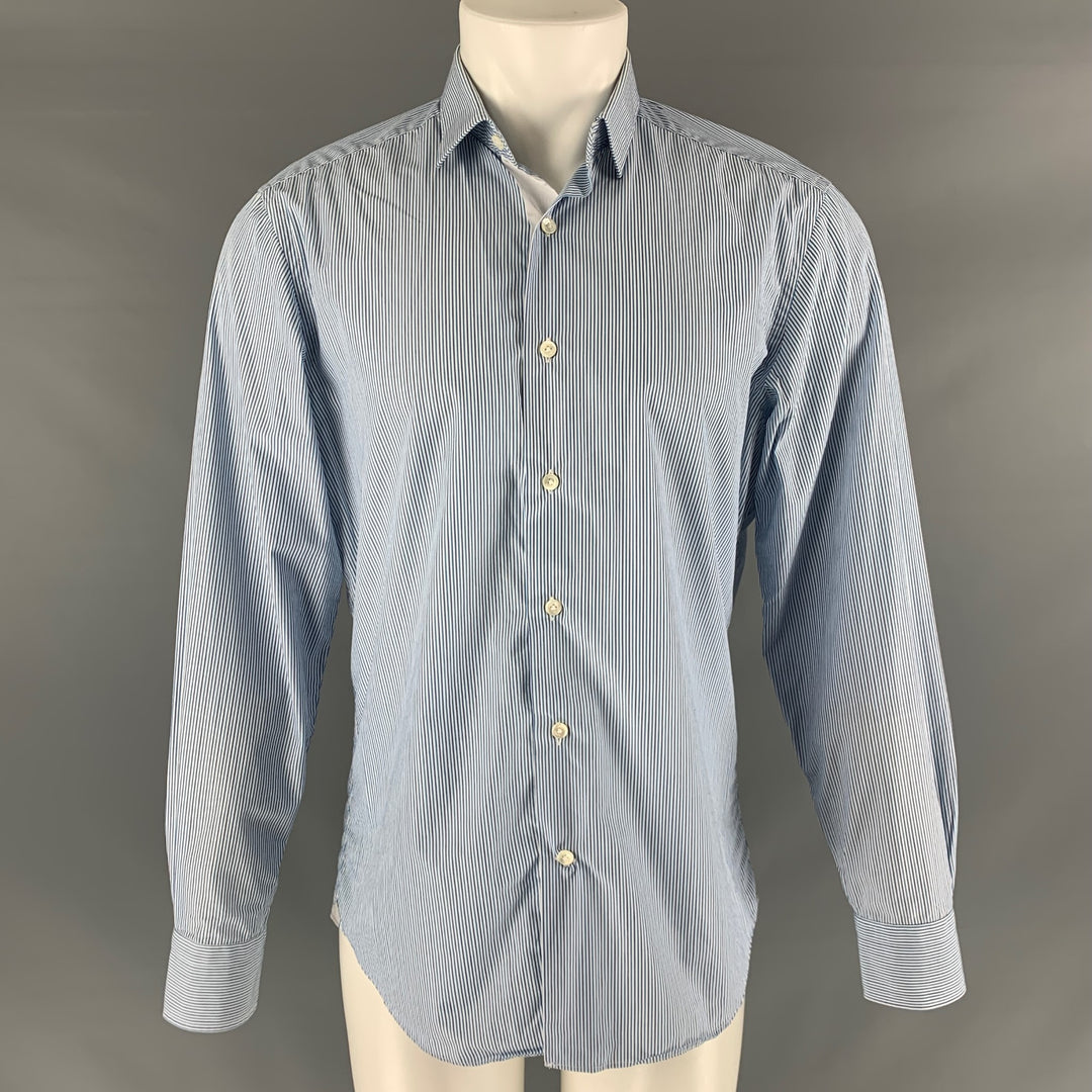 LANVIN Size M Blue White Stripe Cotton Button Up Long Sleeve Shirt