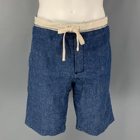 BEAMS Size L Blue White Cotton Linen Drawstring Shorts