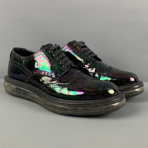 PRADA Size 7.5 Black Iridescent Leather Platform Lace Up Shoes