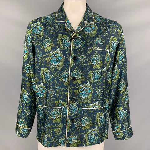 BURBERRY Fall 2016 Size L Navy & Green Floral Silk Pajama Long Sleeve Shirt