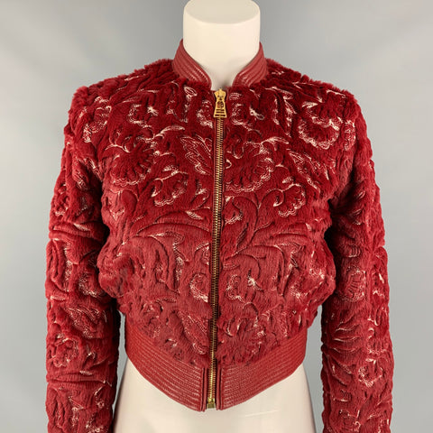 LA PERLA Size 0 Red & White Faux Fur Polyester / Cotton Embroidered Bomber Jacket