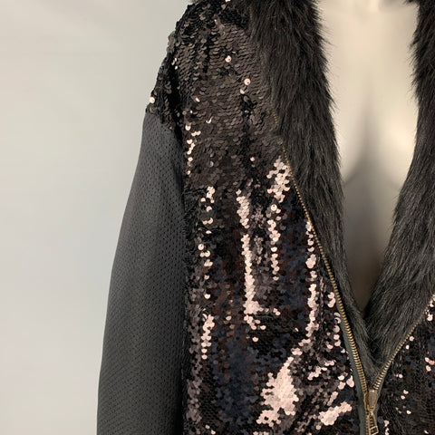 FAITH CONNEXION Size M Black Acrylic Blend Textured Faux Fur Reversible Coat