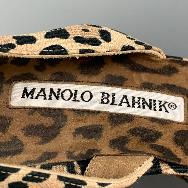 MANOLO BLAHNIK Size 7 Tan Canvas Animal Print Slingback Pumps