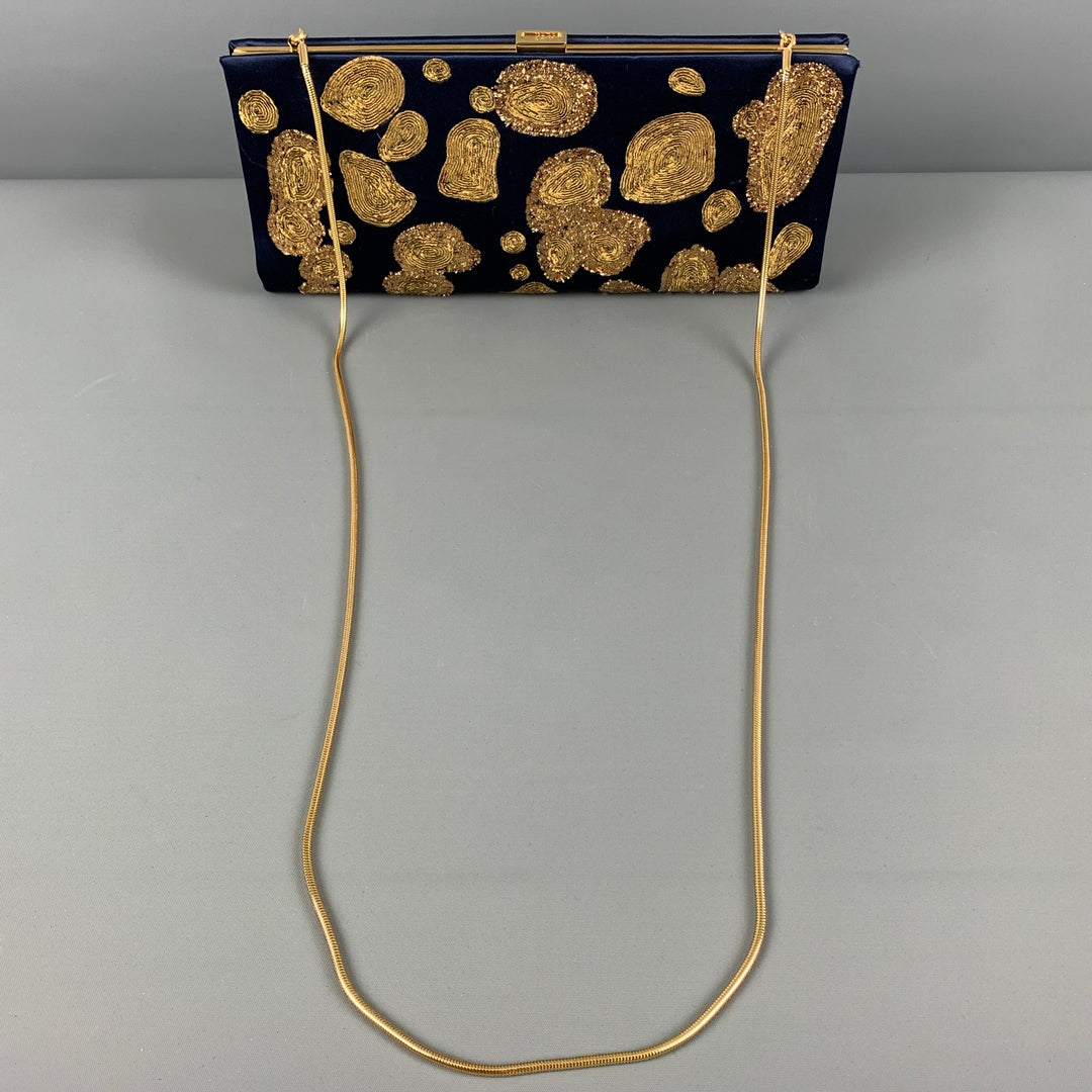ROGER VIVIER Navy Gold Embroidered Silk Clutch Handbag