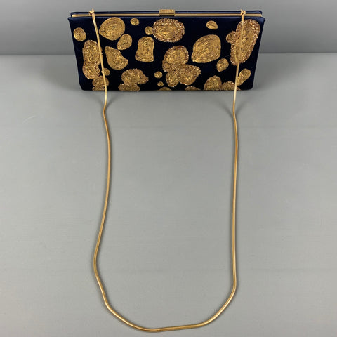 ROGER VIVIER Navy Gold Embroidered Silk Clutch Handbag