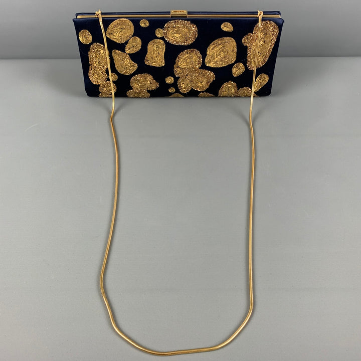 ROGER VIVIER Navy Gold Embroidered Silk Clutch Handbag