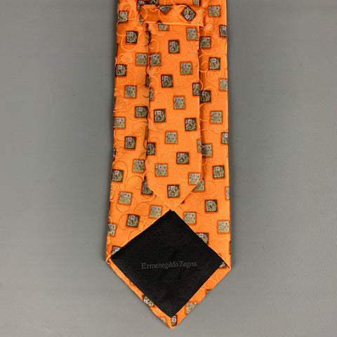 ERMENEGILDO ZEGNA Orange Green Squares Silk Tie