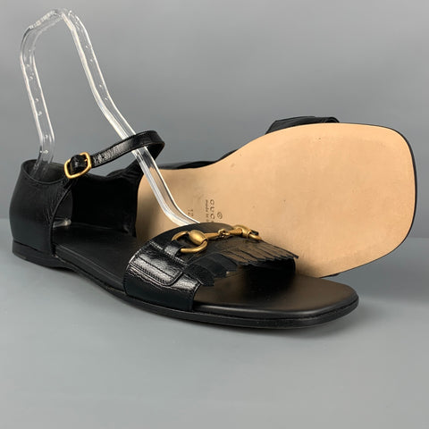 GUCCI Size 13 Black Fringe Leather Horsebit Sandals