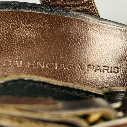 BALENCIAGA Size 8 Black Brown Leather Braided Chunky Heel Sandals