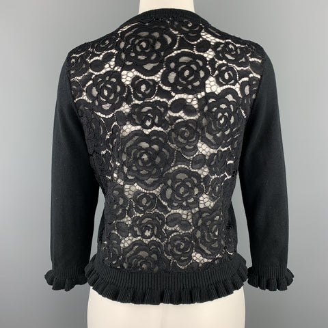 KARL LAGERFELD Size XS Black Cotton Blend Lace Back Ruffle Cardigan