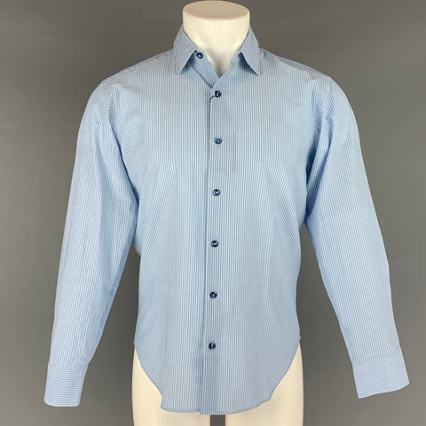 IKE BEHAR Camisa de manga larga con botones de algodón seersucker azul claro y blanco talla S
